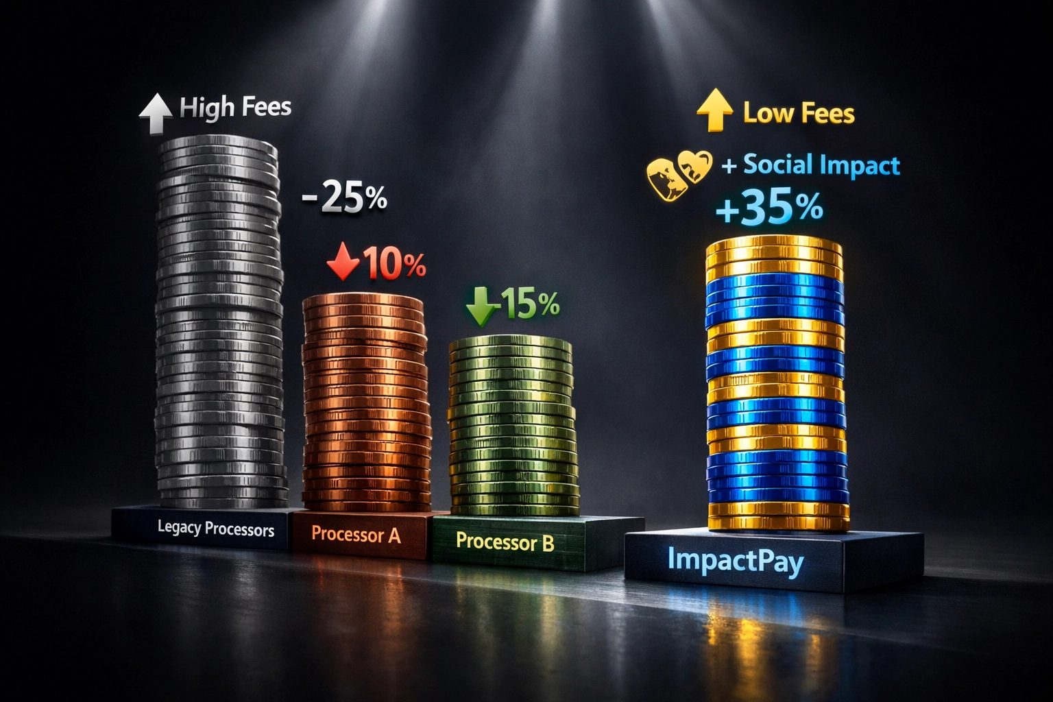 Payment processor fee comparison chart showing Larecoin's cost savings and social impact advantages