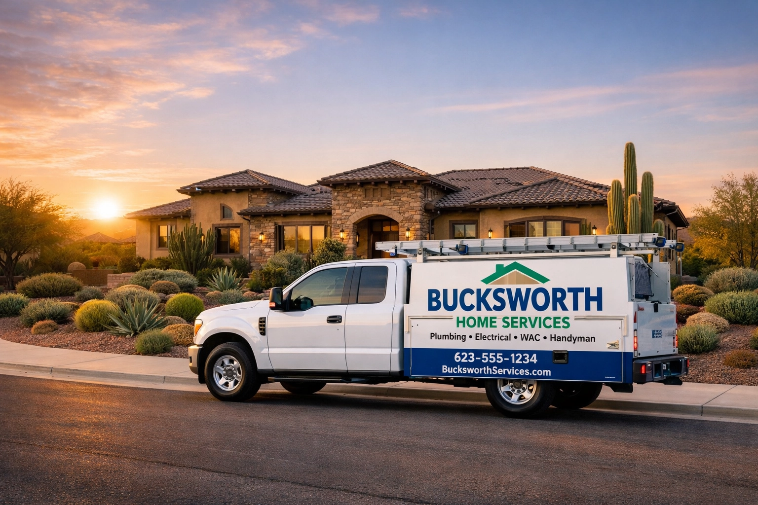Bucksworth Home Services truck parked at a Peoria AZ home with a clean, weed-free yard.