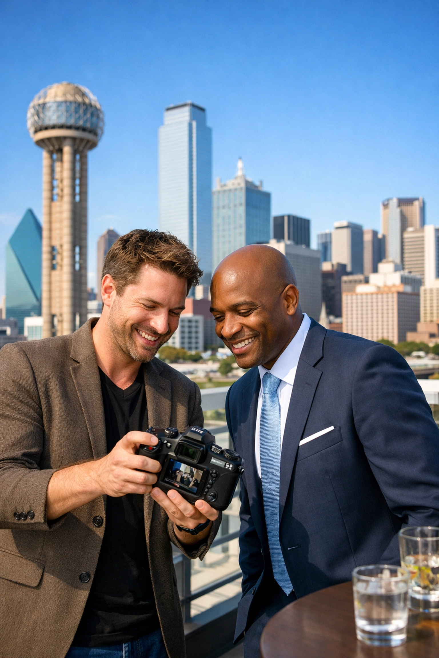 Collaboration between a Dallas photographer and a client during a corporate shoot with the skyline view.