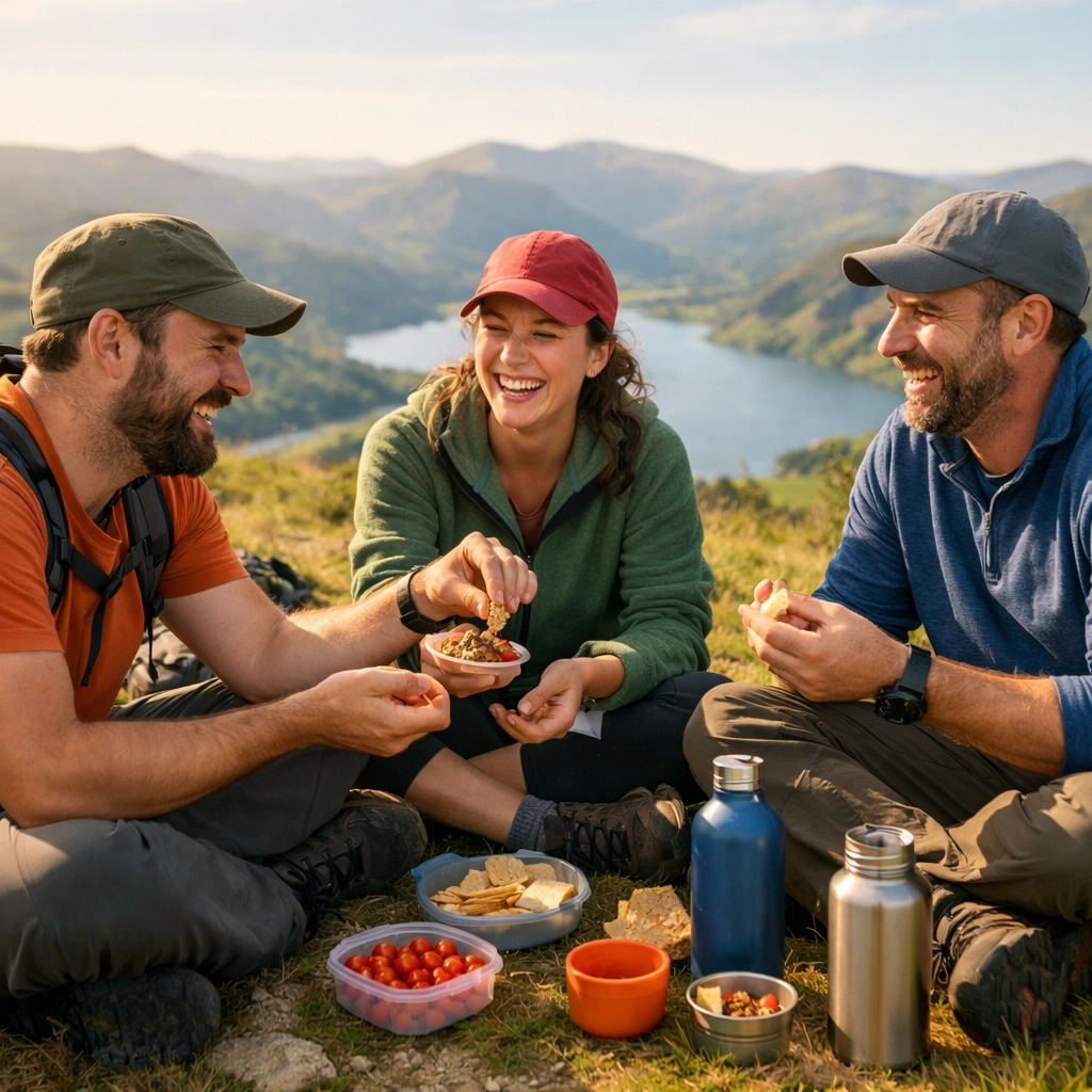 Hikers sharing snacks and building friendships on Lake District summit