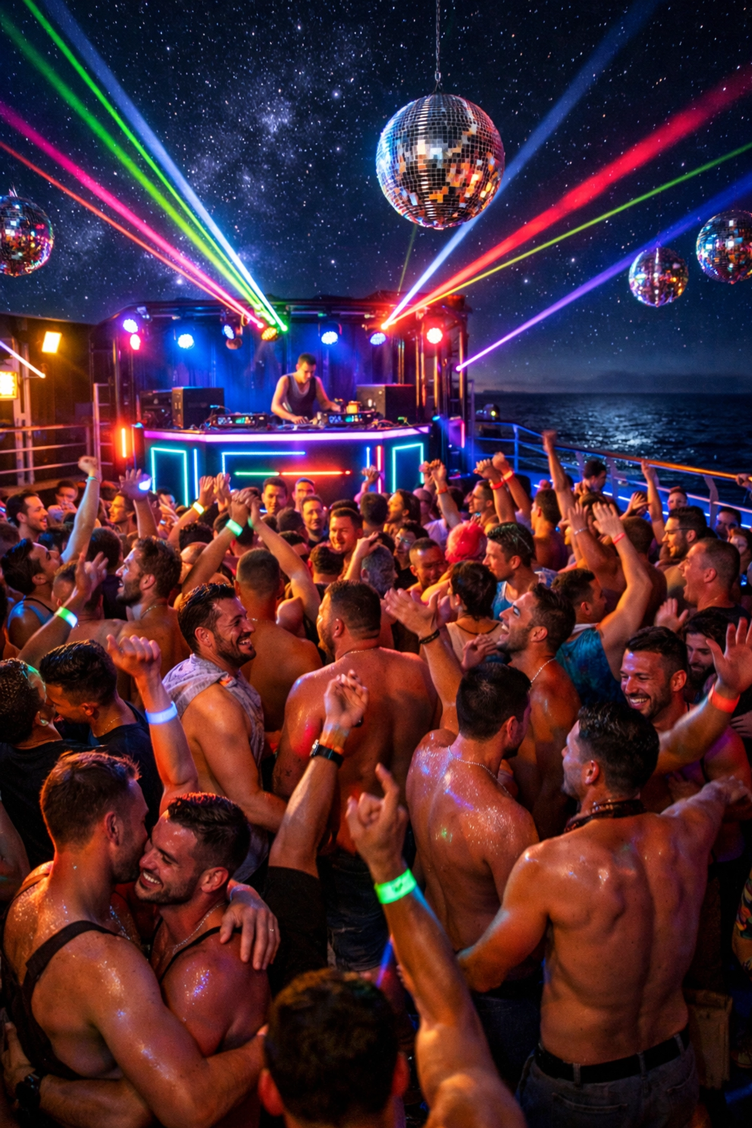 LGBTQ+ cruise disco party with dancing under stars and lights