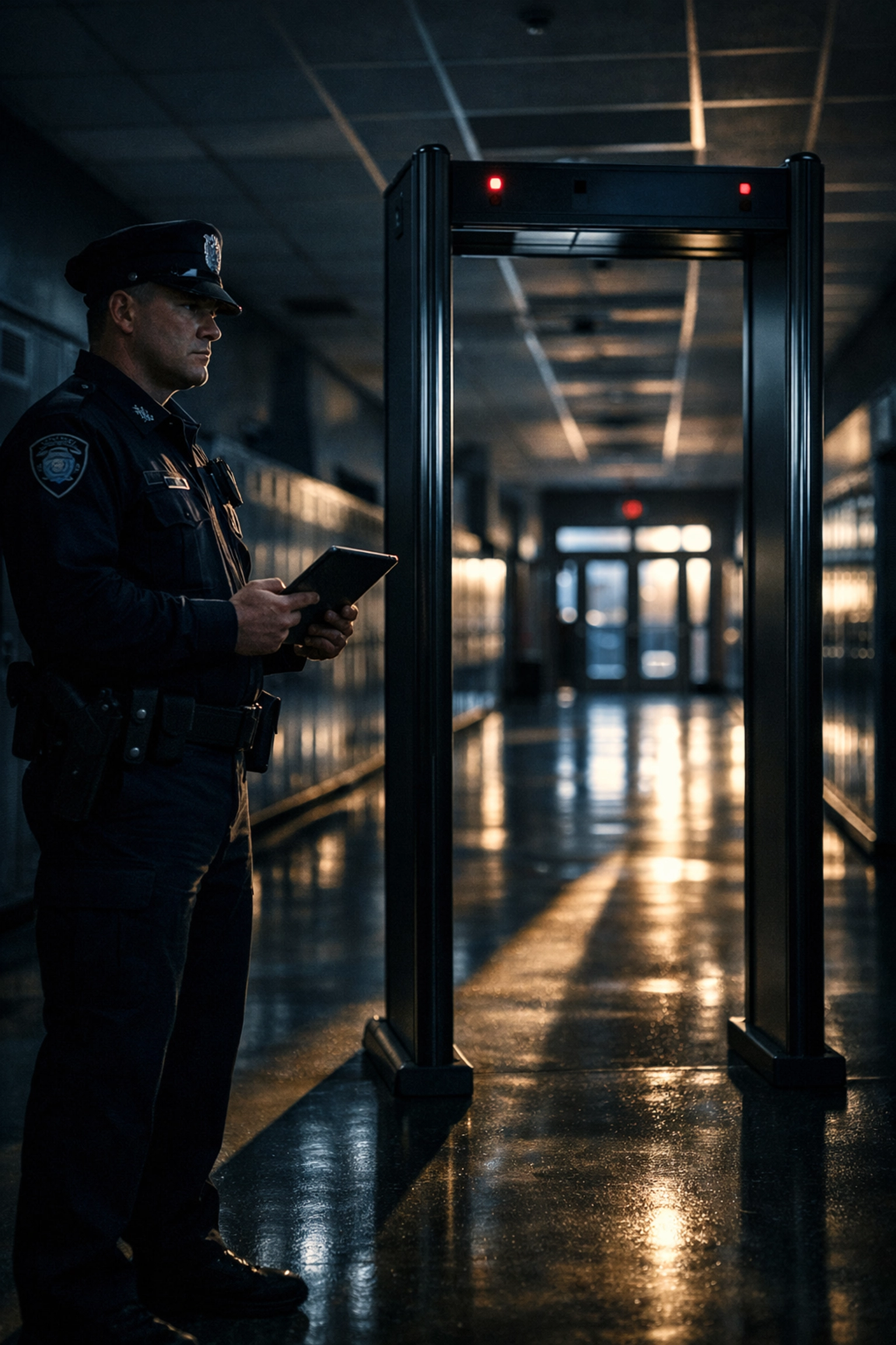 Professional security guard monitoring metal detector at Northern Virginia school entrance