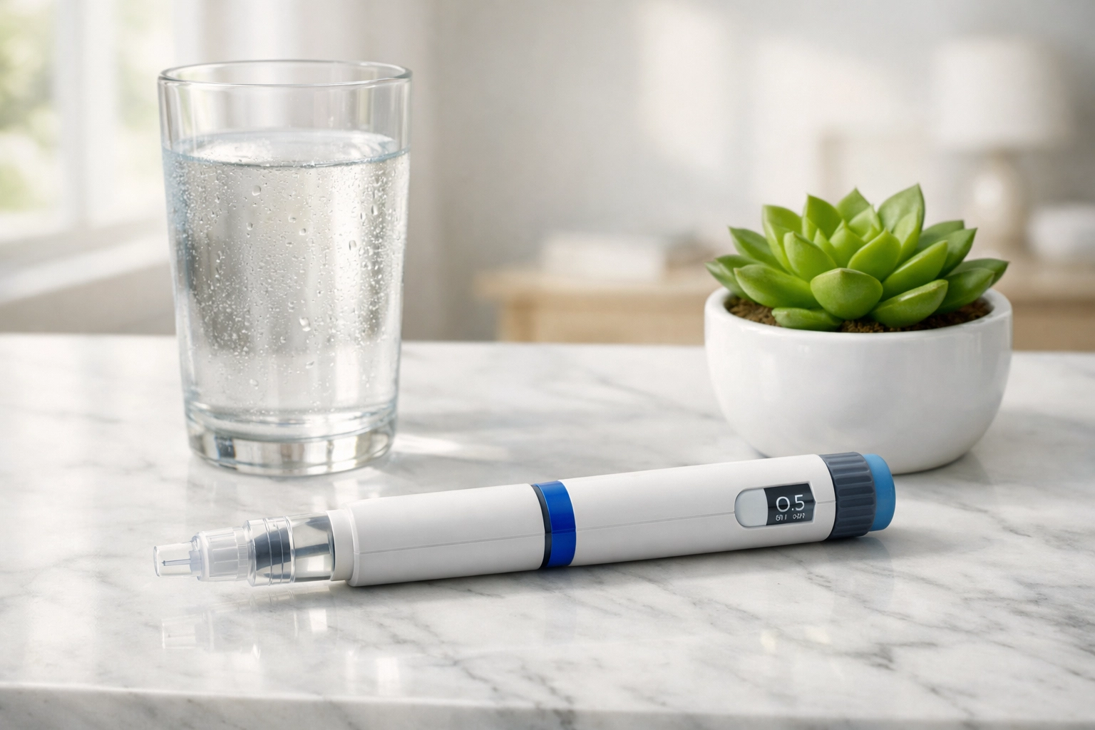 Modern GLP-1 weight loss injection pen on a table, showcasing medical treatments like Wegovy.