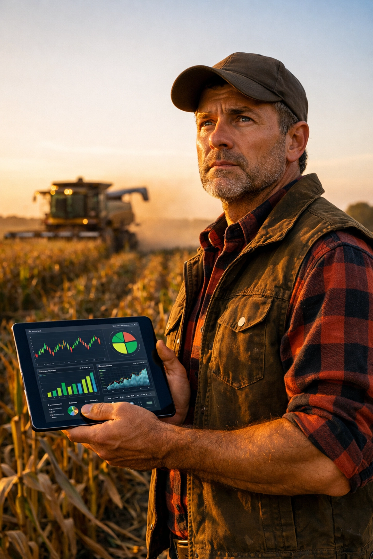 Farmer using tablet to review financial data and strategic finance metrics in cornfield