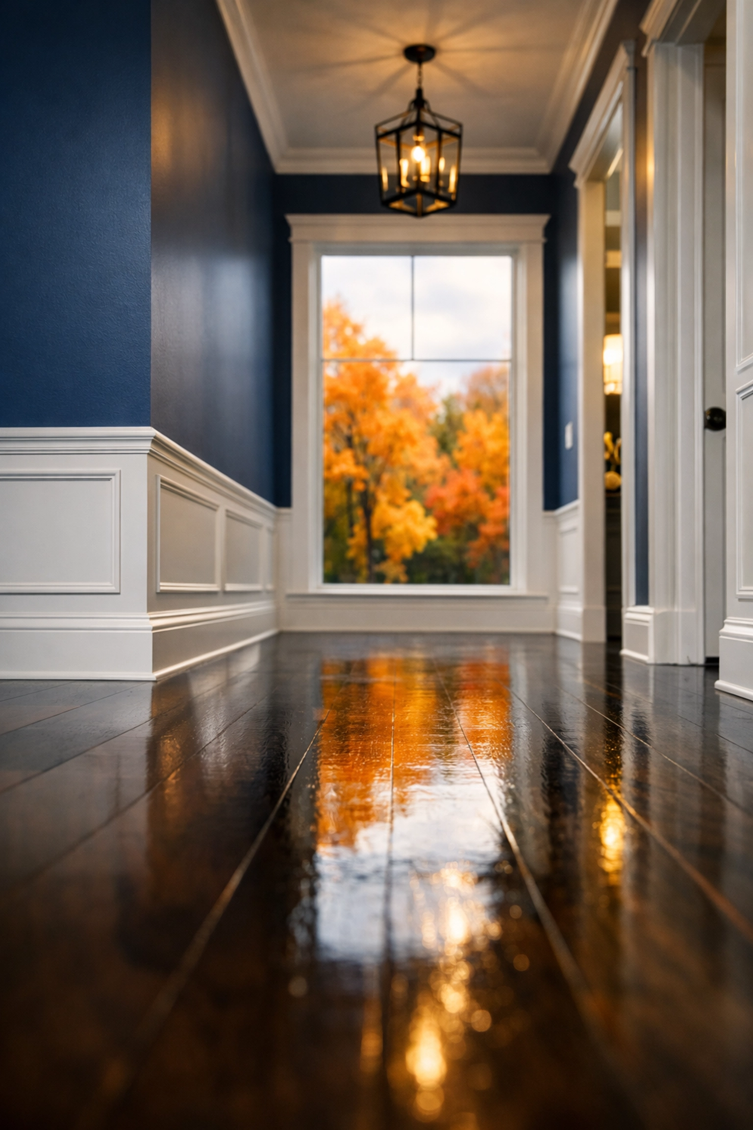 Polished hardwood hallway and clean baseboards highlighting expert fall deep cleaning in Wayland.