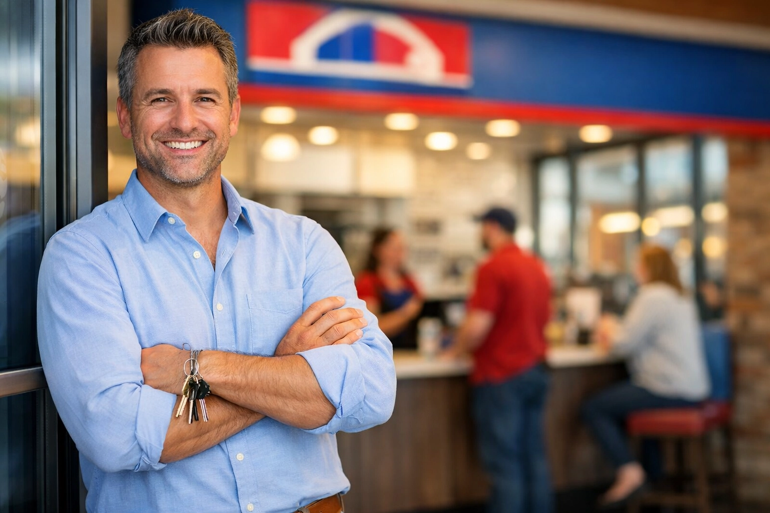 Successful franchise owner holding keys at their profitable franchise location entrance