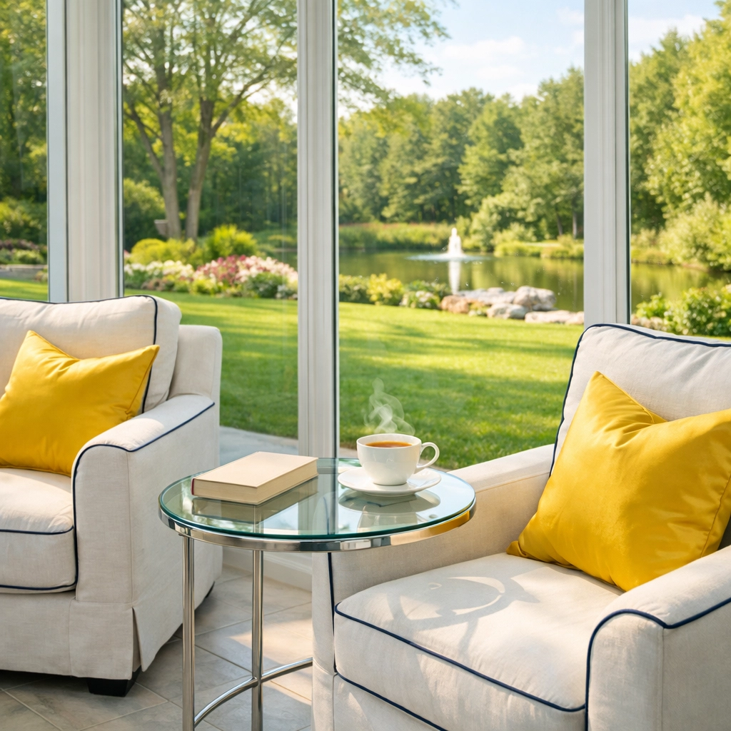 Sun-drenched luxury sunroom perfectly staged after a premium residential cleaning Massachusetts appointment.