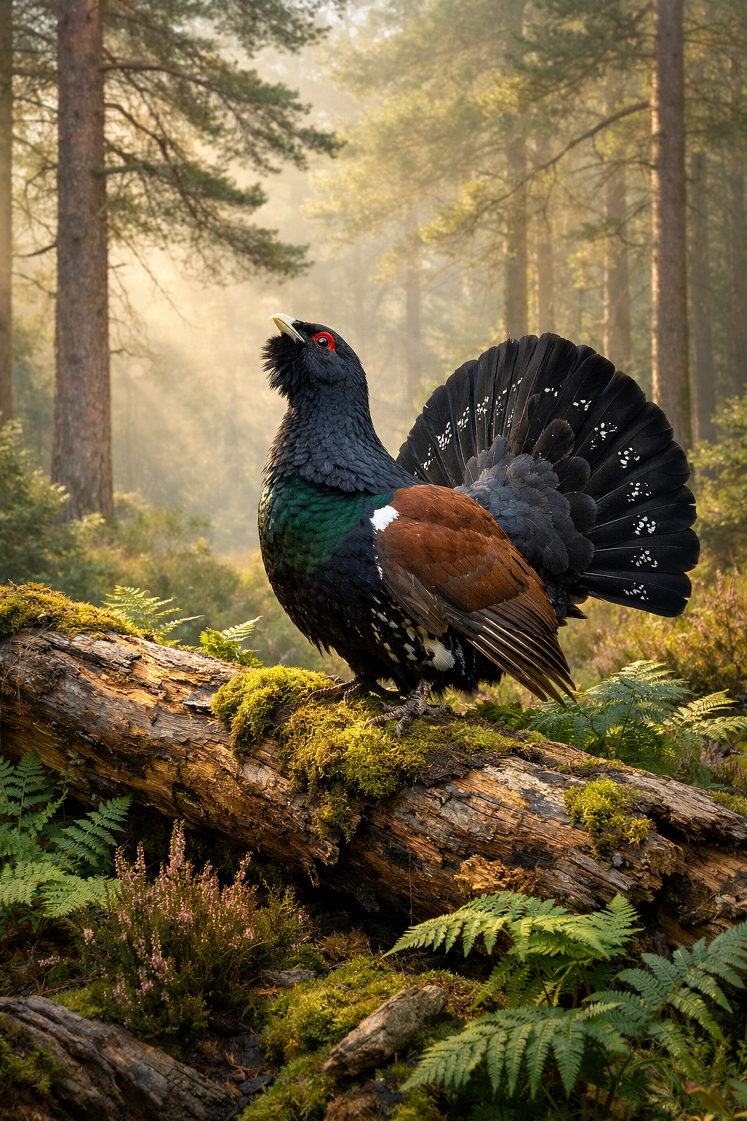 Capercaillie bird in Scottish woodland habitat showing conservation success
