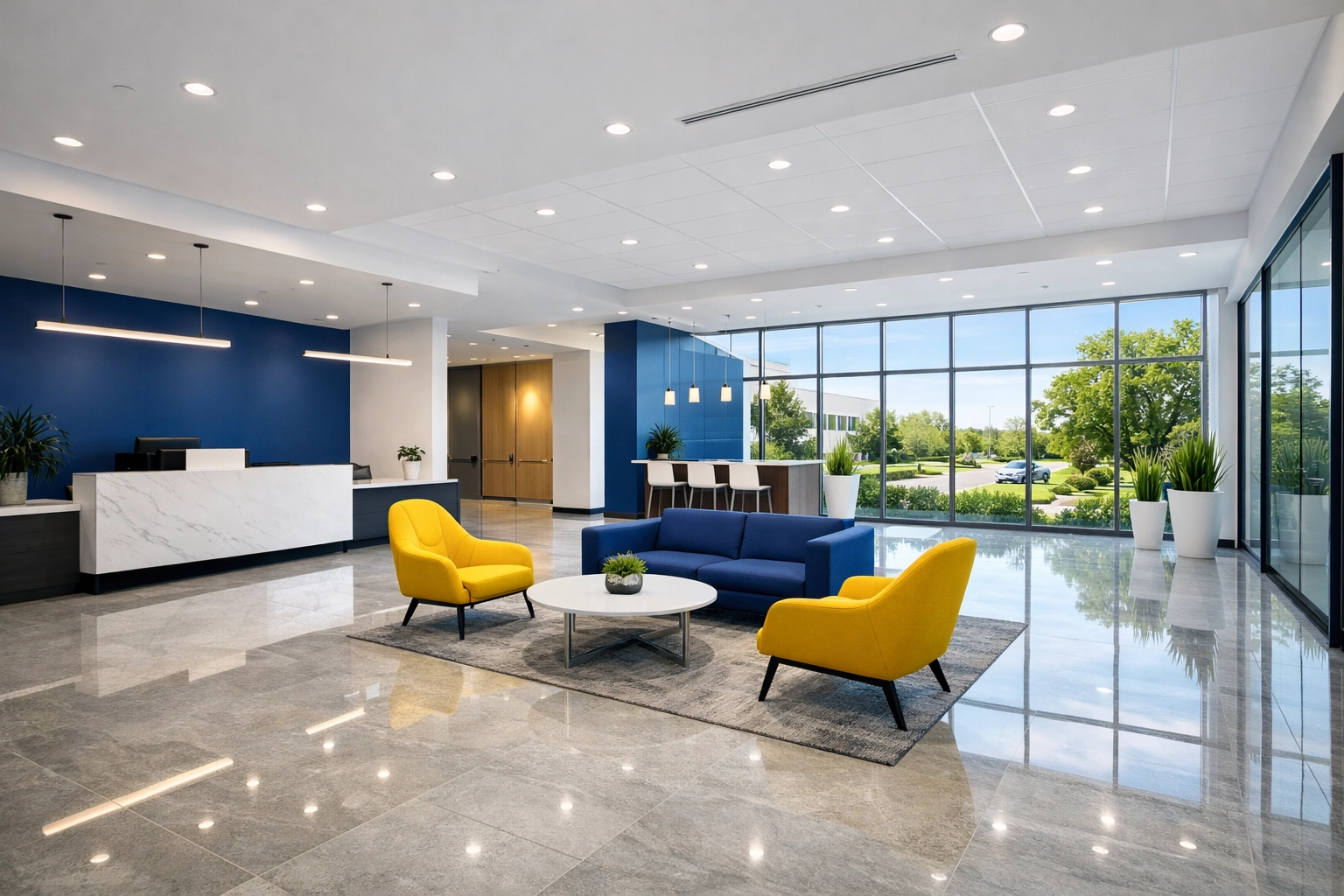 Clean Melrose commercial lobby with polished stone floors reflecting precision janitorial services.