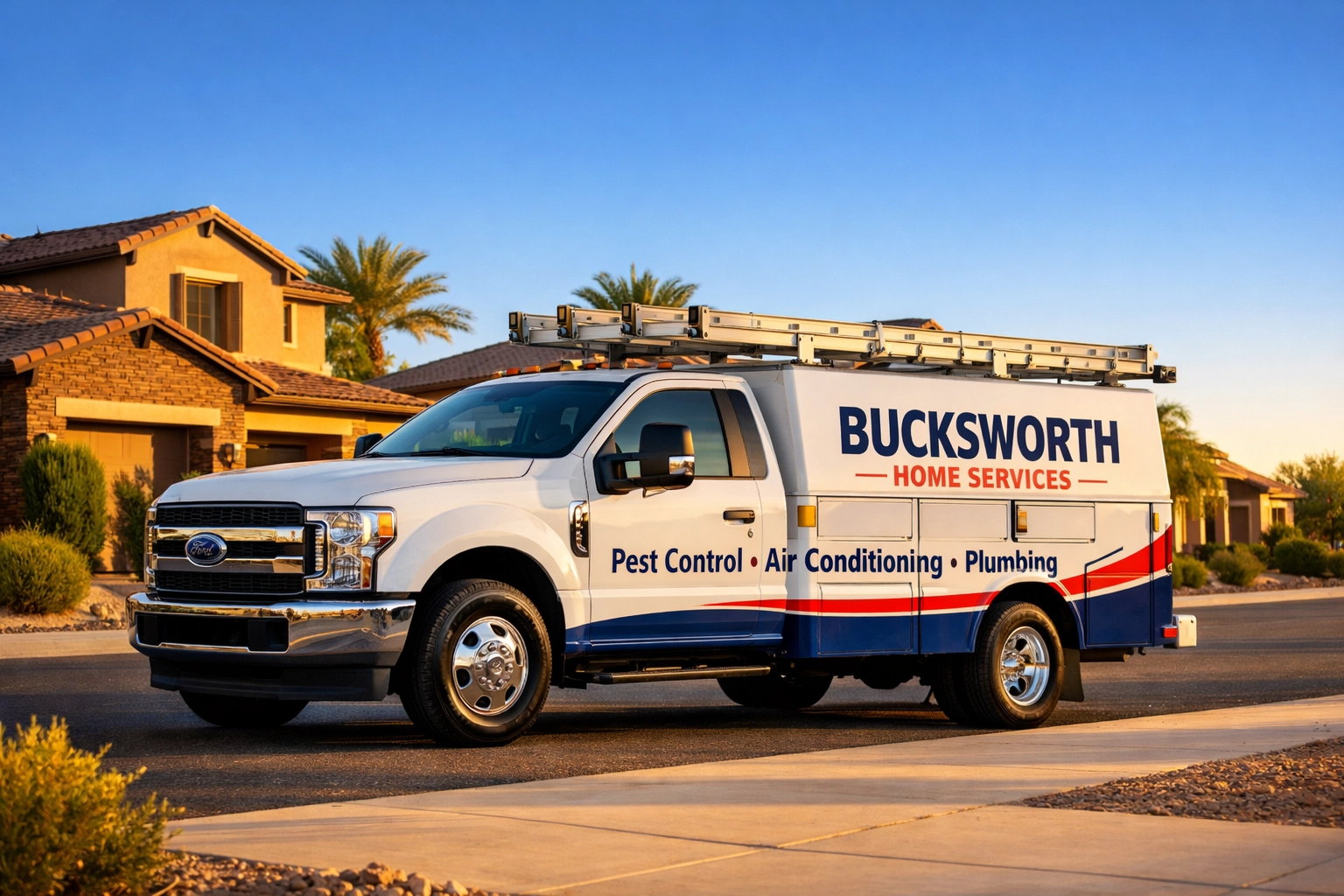 Bucksworth service truck offering pest and scorpion control in Chandler communities like Sun Groves.