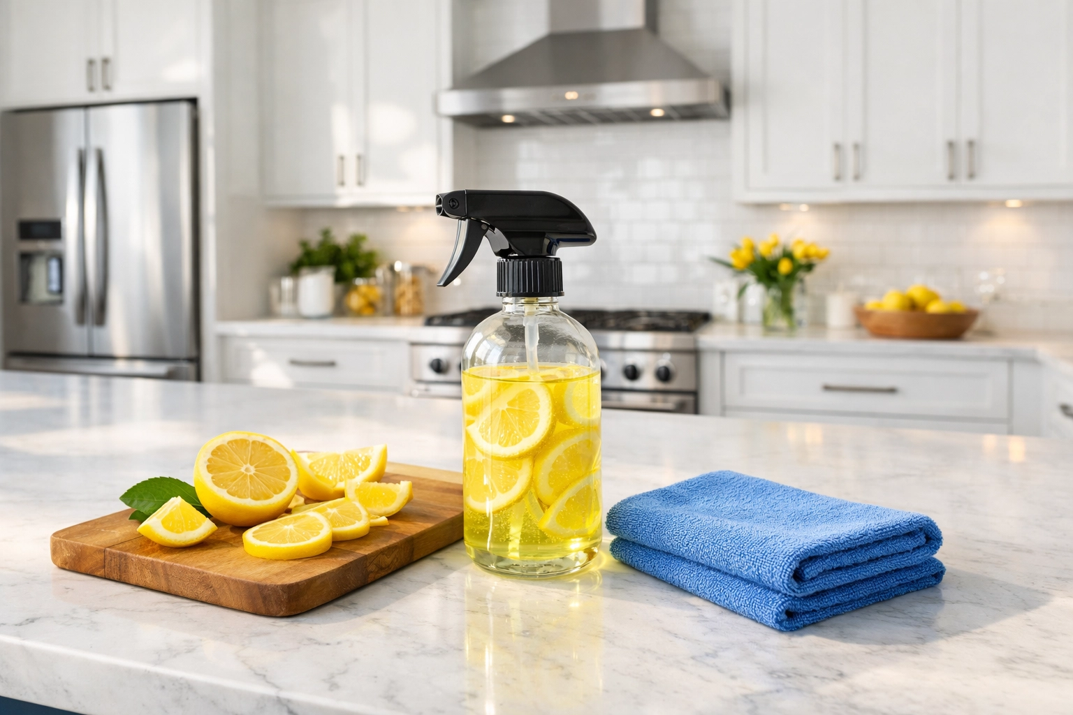 Natural citrus cleaning spray and fresh lemons for eco-friendly house cleaning in a Leominster apartment.