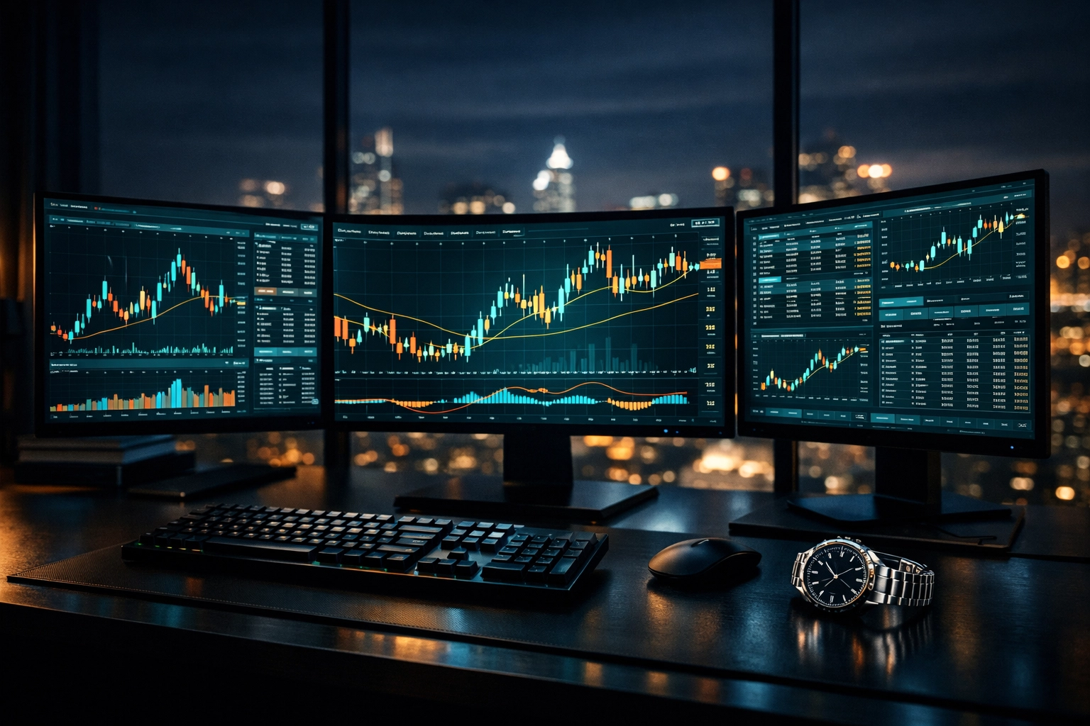 Professional trading setup with multiple monitors showing crypto charts for a million-dollar funded portfolio.