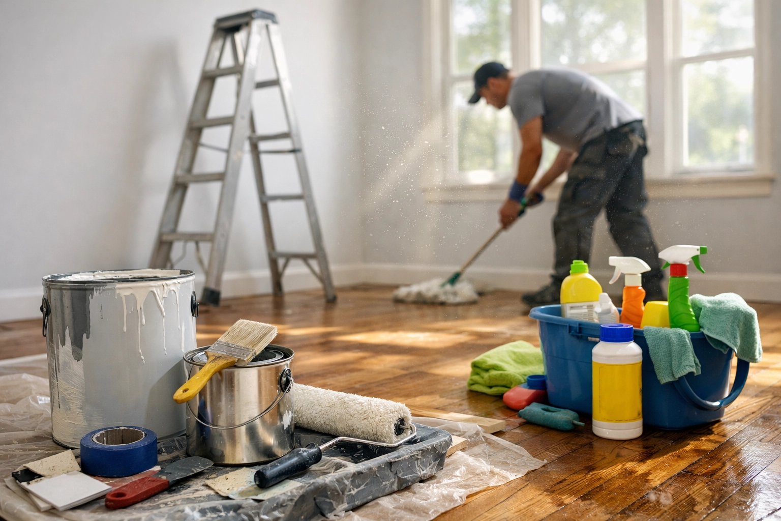 Rental property turnover costs during tenant transition with painting and cleaning supplies