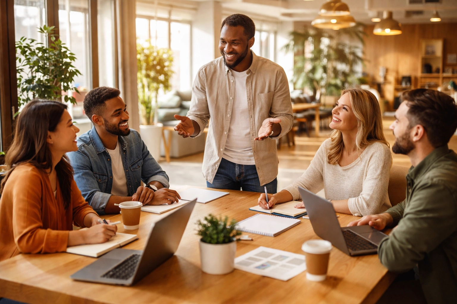 Diverse entrepreneurs collaborating in a modern workspace, illustrating the StoryBrand guide and hero relationship.