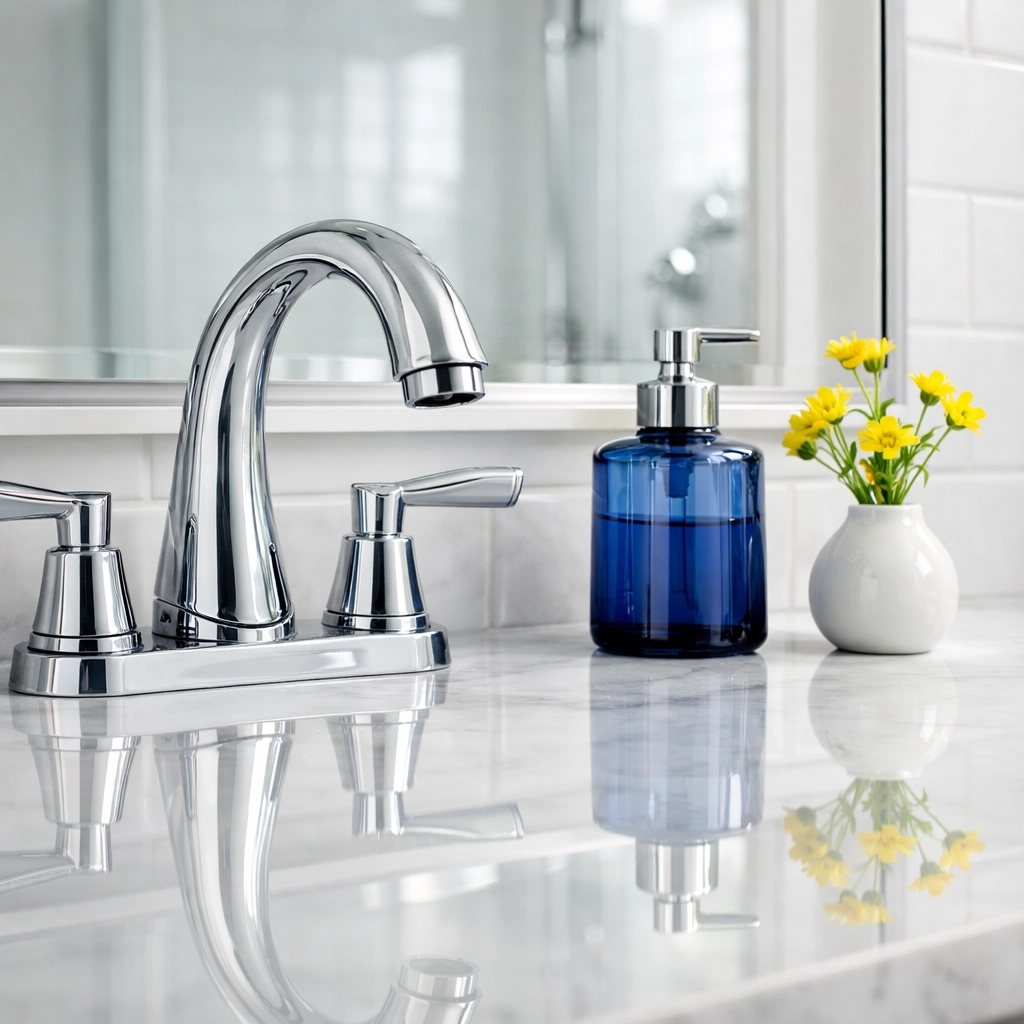 Detail of a sanitized marble bathroom vanity showing the high standards of Acton house cleaning services.