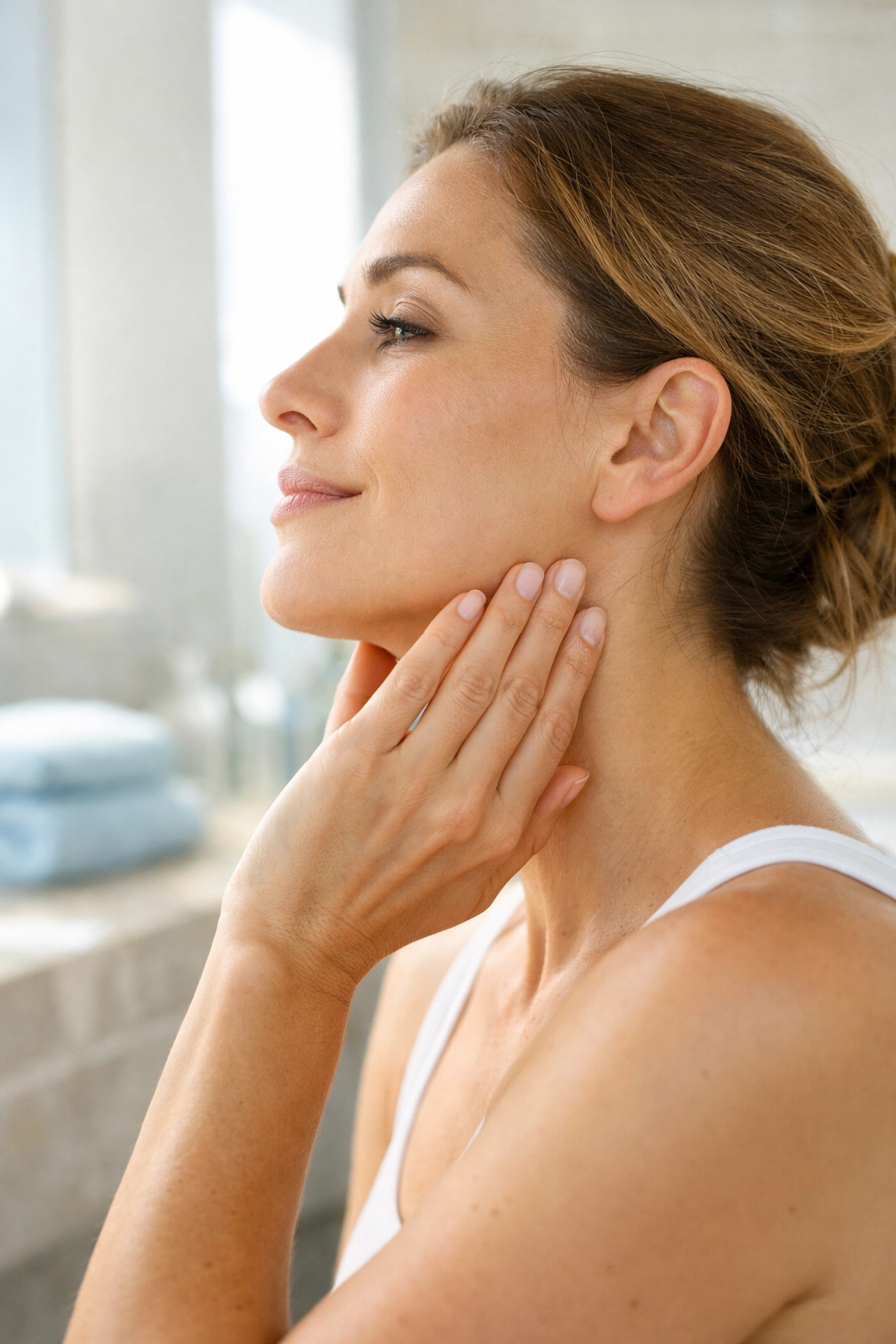 Close-up of defined jawline and firm skin achieved through microneedling with RF.