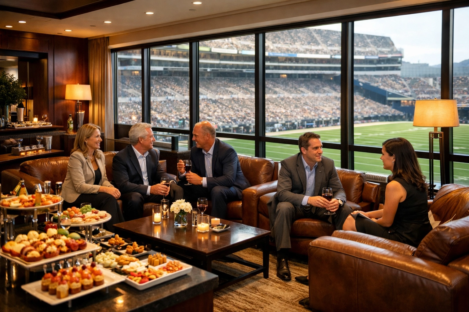 Luxury Super Bowl VIP hospitality suite with executives networking and premium amenities