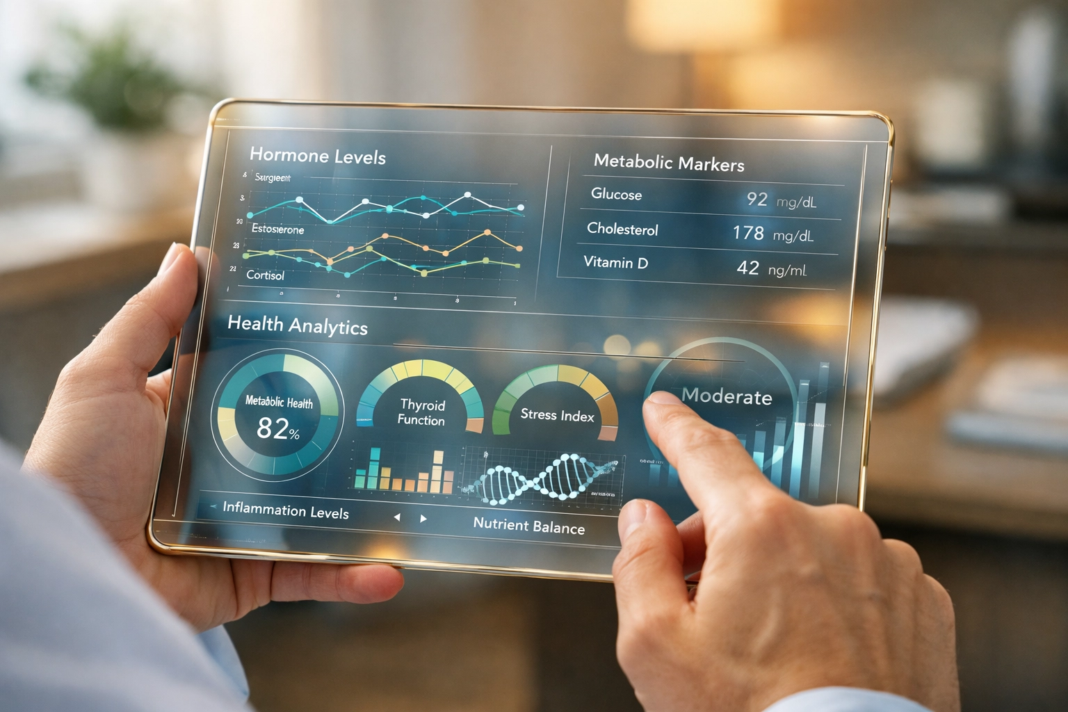 Medical provider reviewing hormone optimization lab results and metabolic data