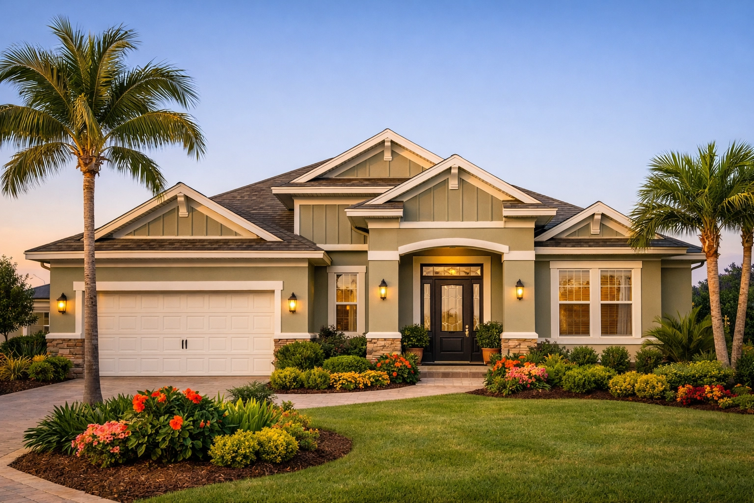 Orlando home exterior with warm neutral paint color and tropical landscaping showcasing curb appeal