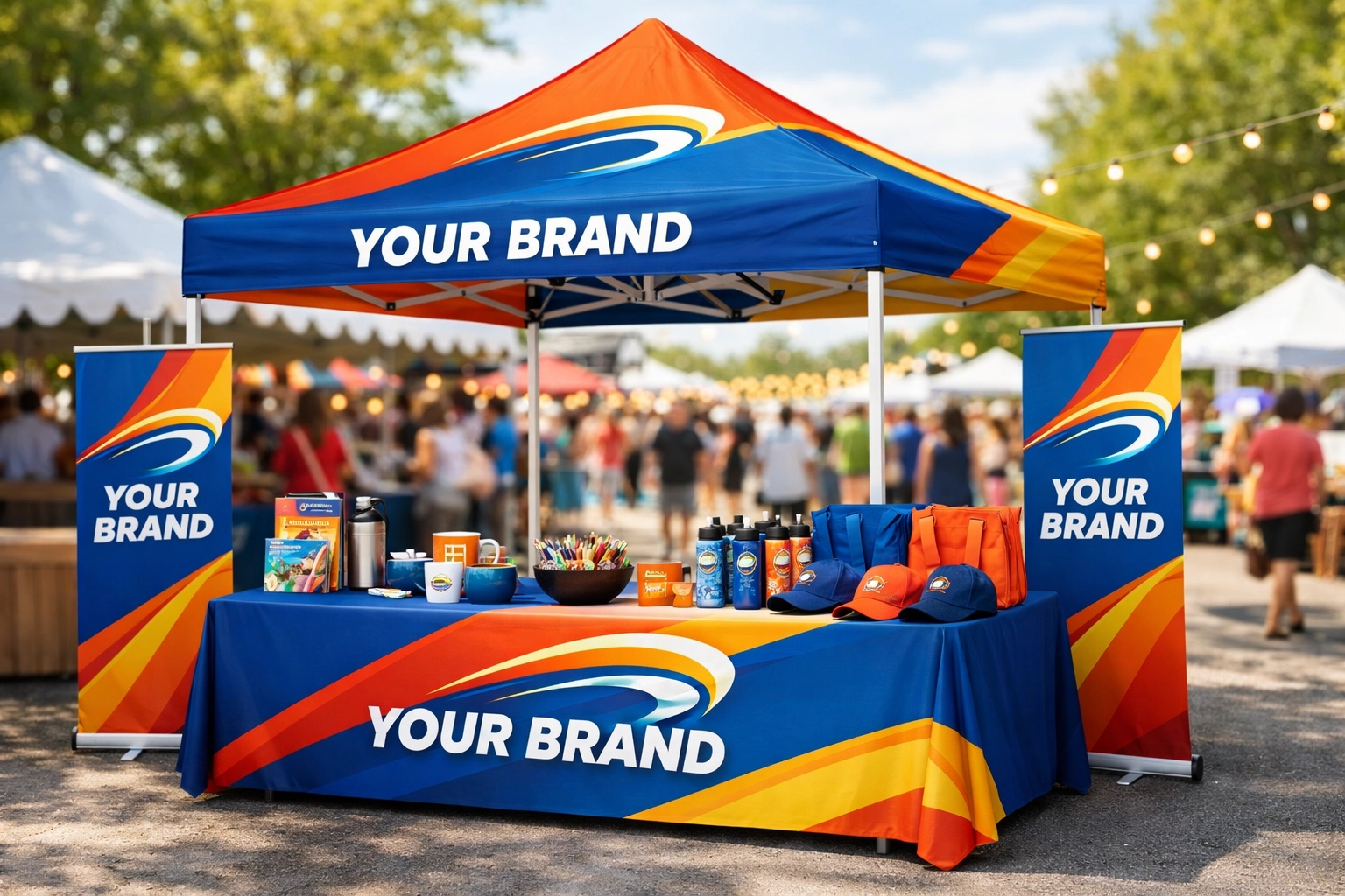 Professional trade show booth setup with branded canopy tent and custom table cover at outdoor event
