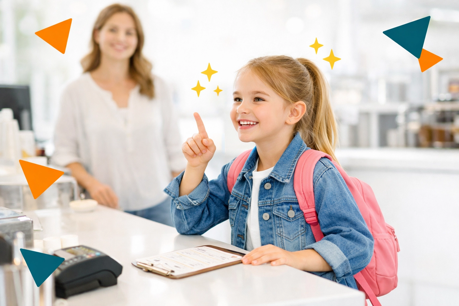 Confident young girl ordering at a cafe counter, practicing independence and real-world life skills.
