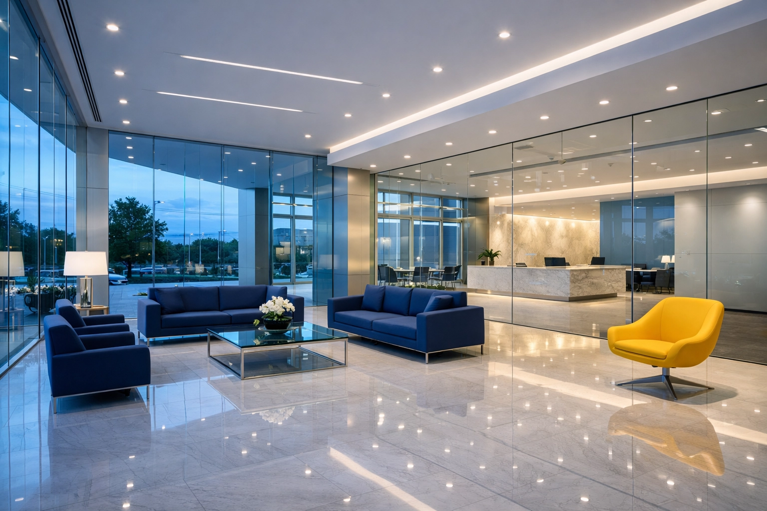 Clean corporate lobby in Framingham with polished floors, reflecting the quality of commercial cleaning services.