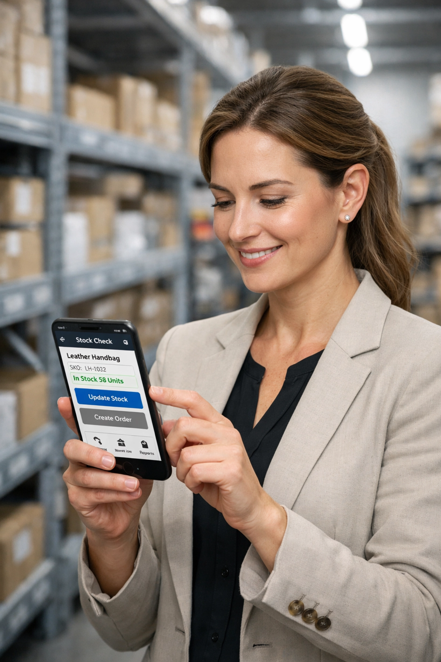 Professional using a ServiceNow mobile app for efficient retail inventory and warehouse management.