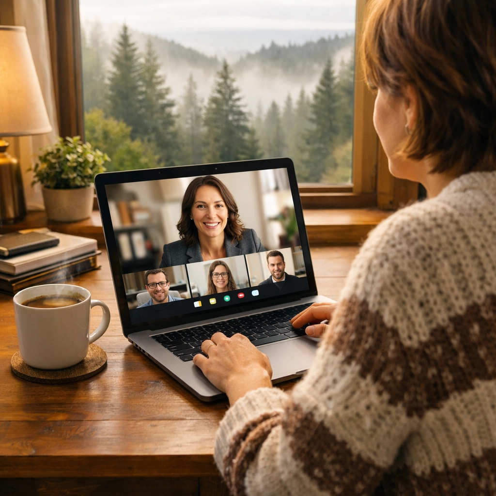Person completing a remote online notarization from a cozy home office with an Oregon forest view.