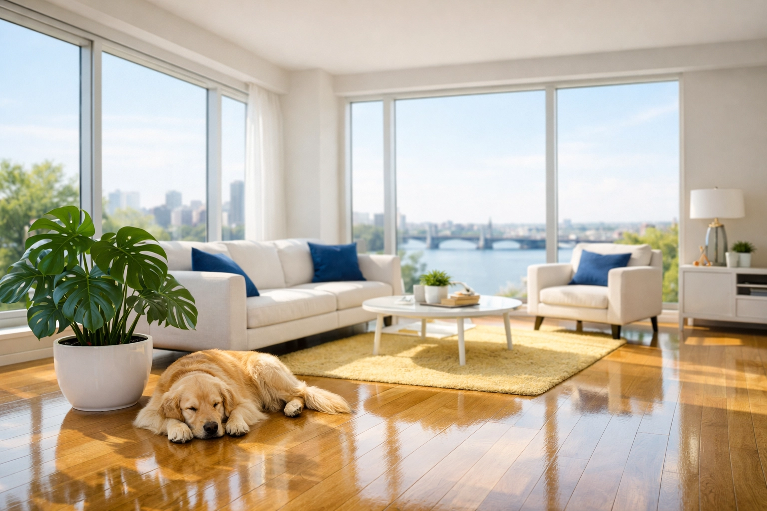 Eco-friendly maid service Cambridge in a sun-drenched condo near the Charles River with polished floors.