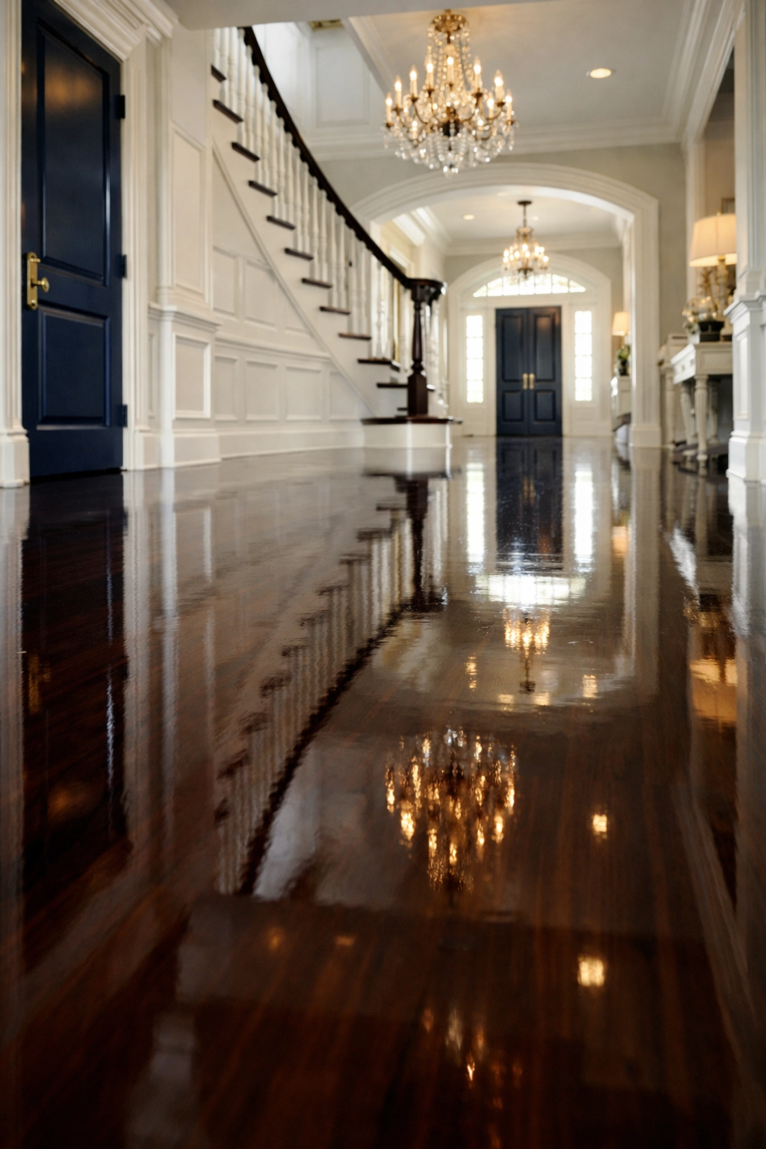 Polished mahogany floors in a Massachusetts home preserved by professional weekly house cleaning in Shrewsbury.