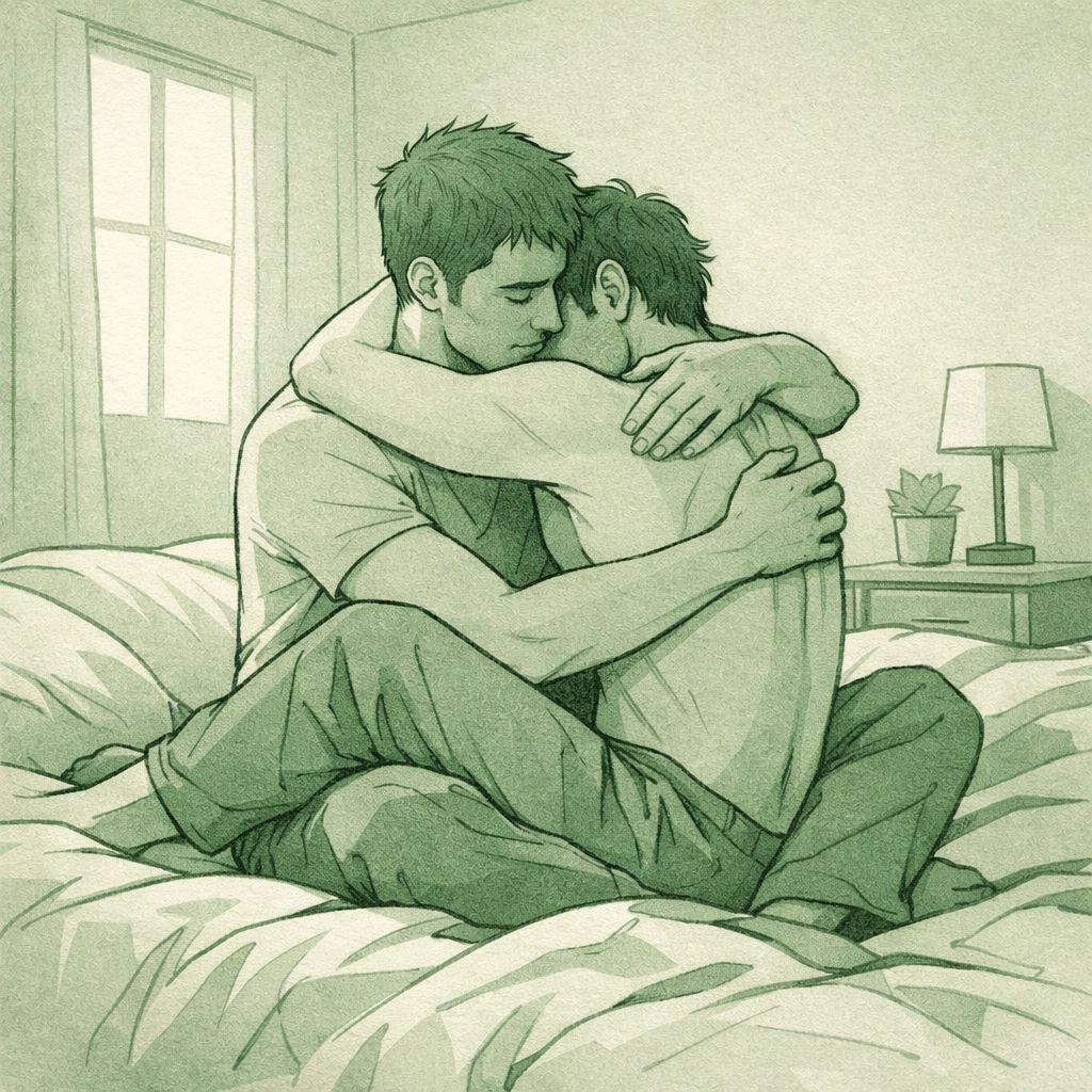 Two men embracing in tender moment - contemporary gay romance exploring trust and intimacy