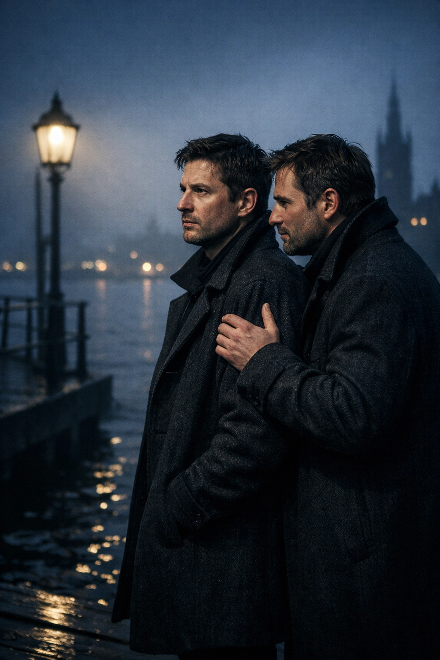Gay detectives in heavy coats on a Stockholm pier, representing queer characters in Nordic Noir media.