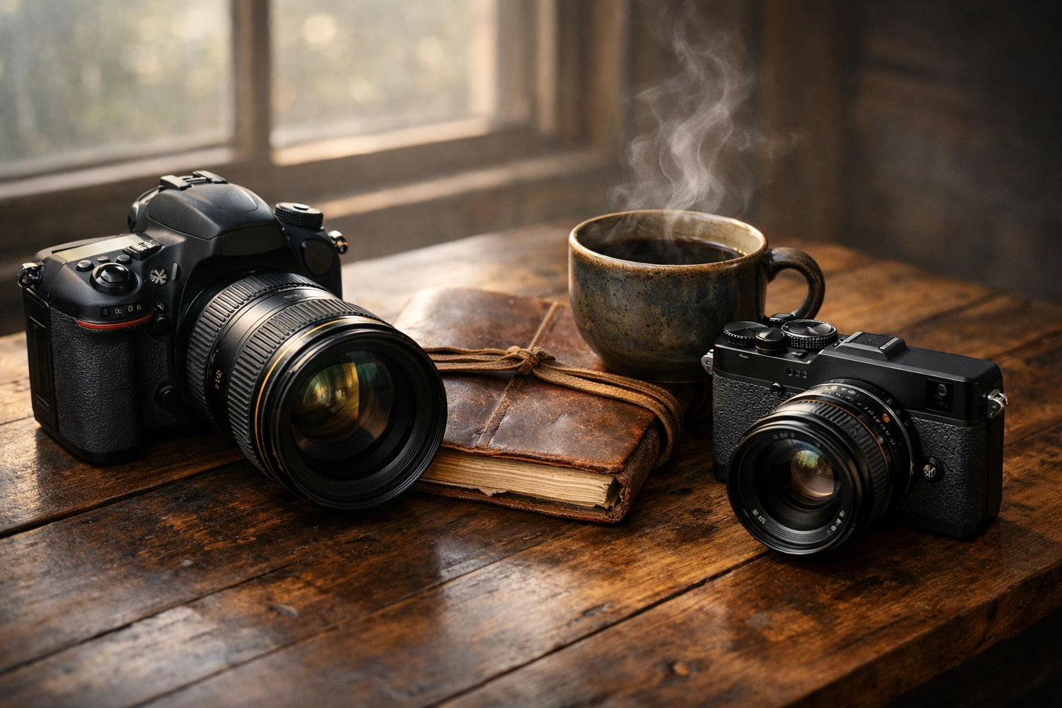 DSLR and mirrorless cameras on a table, highlighting the gear used for mastering manual mode.