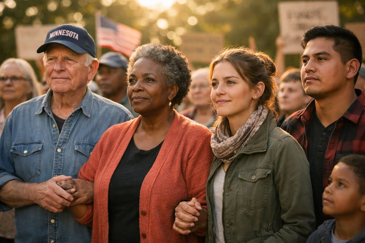 Diverse Minnesota community members gathering for peaceful immigration enforcement protest