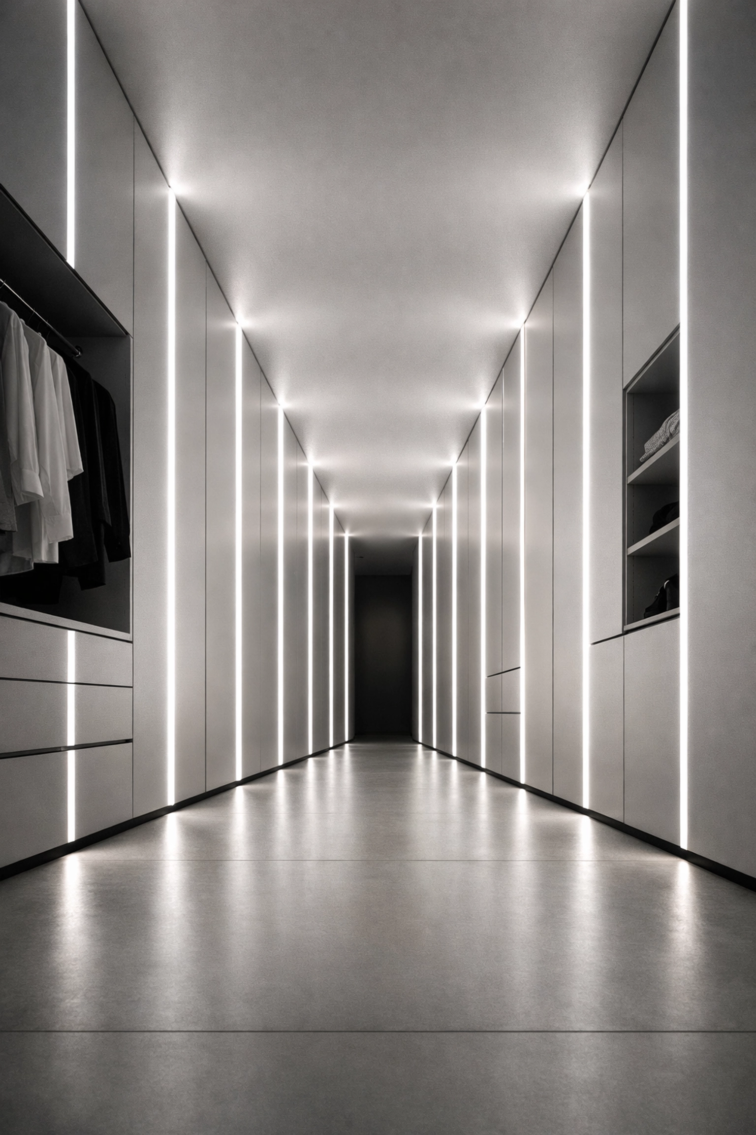Modern walk-in closet featuring vertical led tape light integrated into minimalist floor-to-ceiling cabinetry.