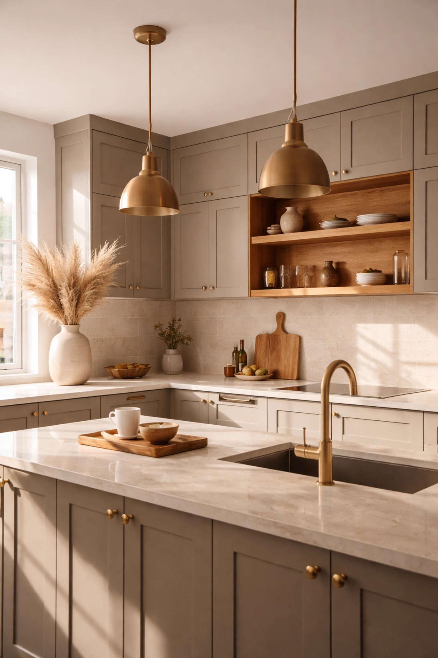Modern Nottingham kitchen with warm taupe cabinets, honey oak shelves, and soft stone worktops