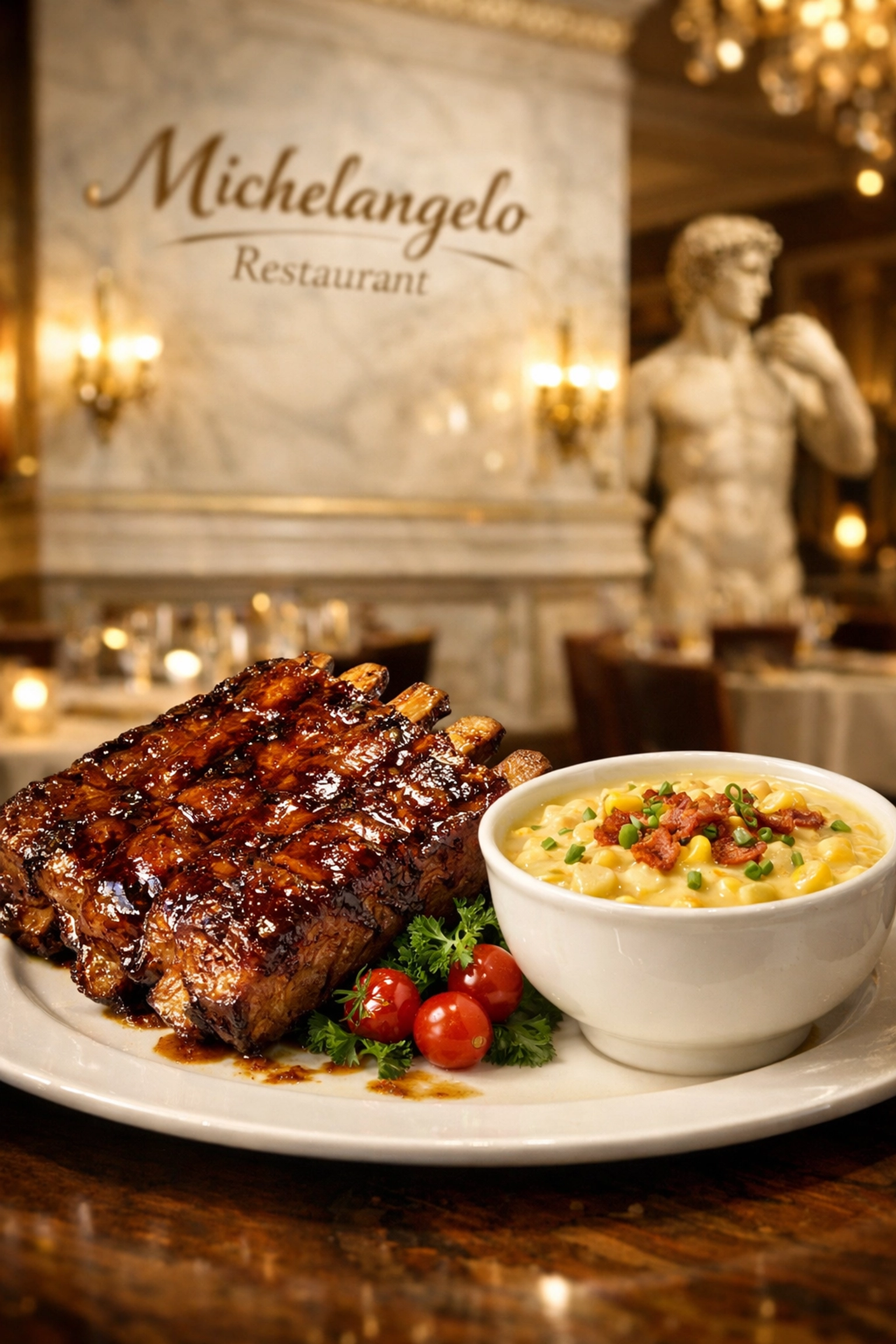 Delicious BBQ ribs and corn chowder served in the Italian-themed Michelangelo Restaurant on Carnival Firenze.
