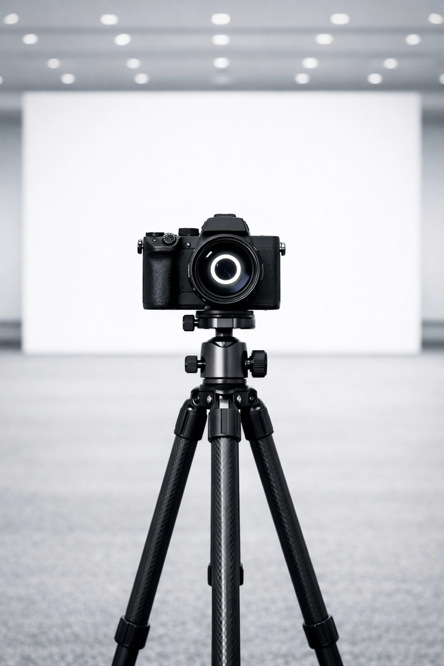 Professional mirrorless camera on a tripod set up for corporate headshots at a Miami conference.