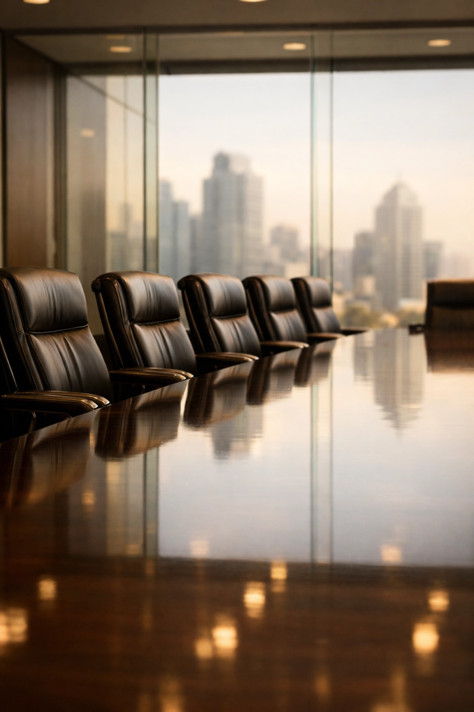 Polished executive boardroom table with a reflective sheen showcasing high-quality Midwest janitorial service results.