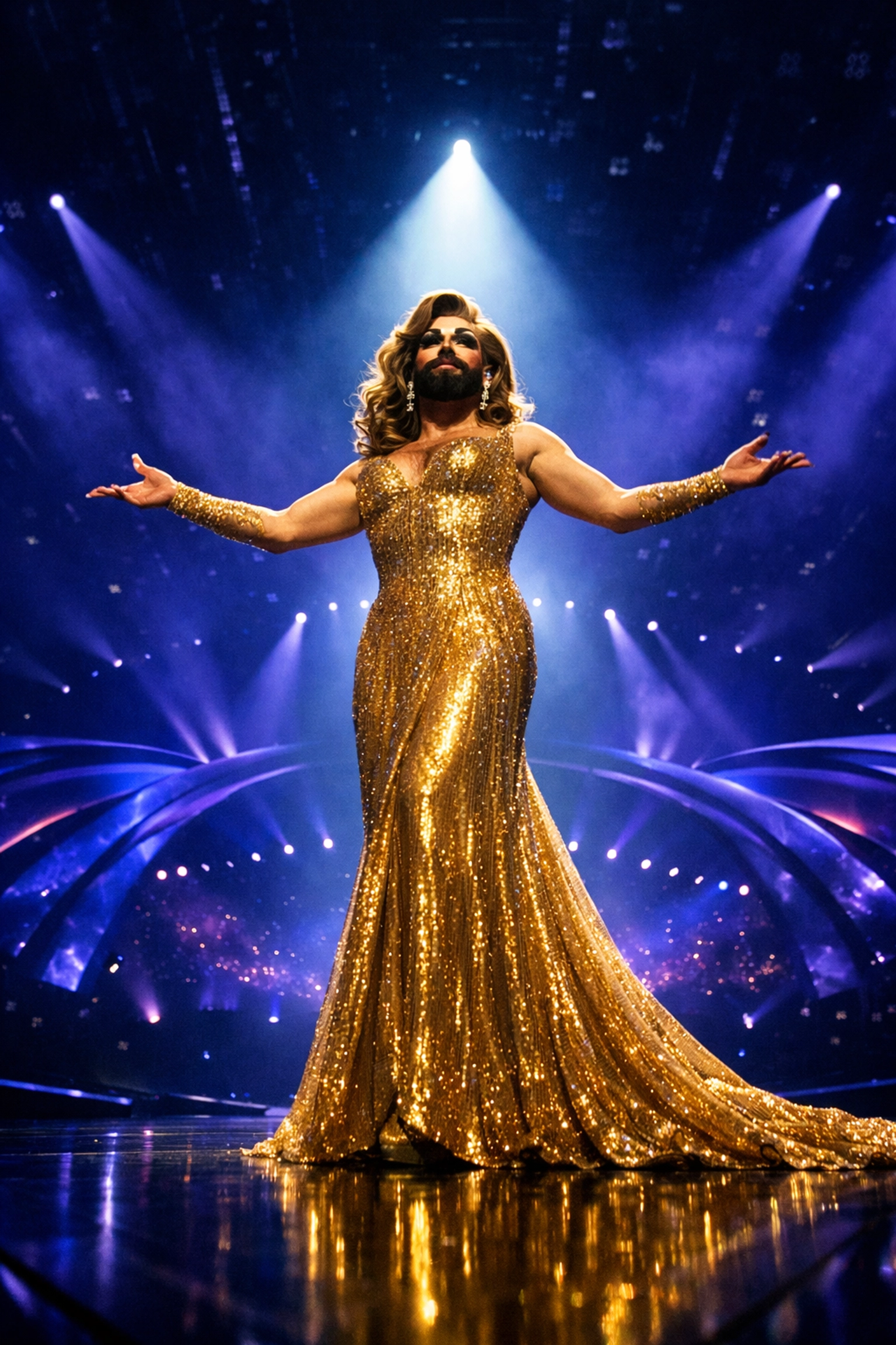 Conchita Wurst performing solo on Eurovision stage in golden gown with dramatic lighting