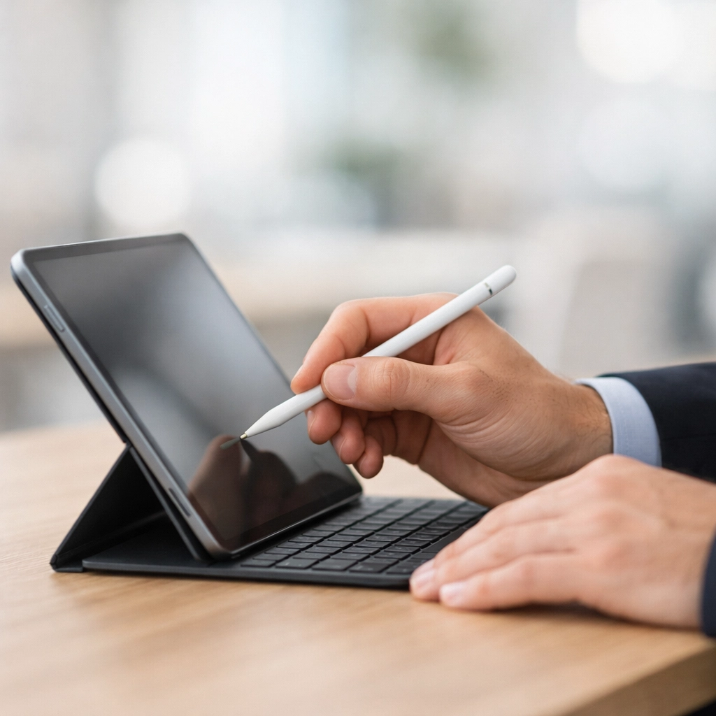 Close-up of a professional using a tablet for digital tax training and software proficiency development.