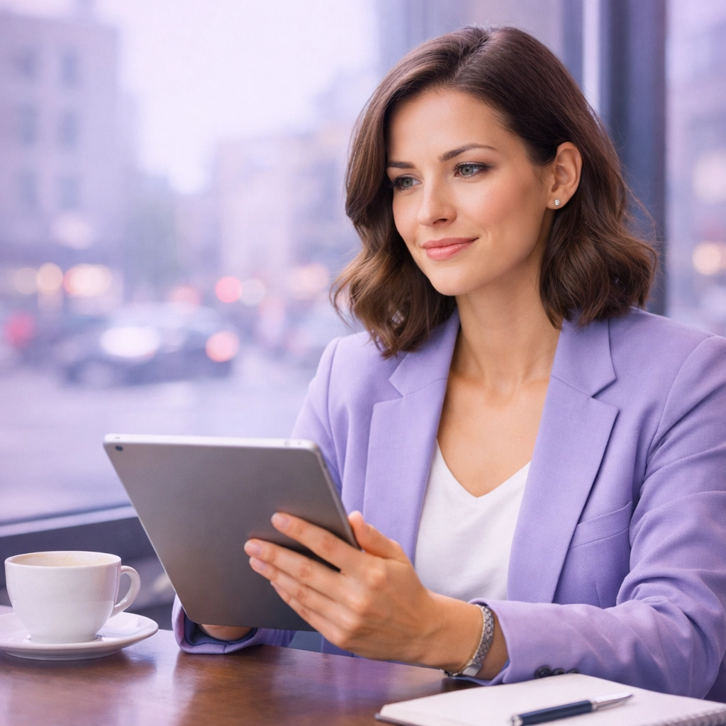 Confident professional reviewing an emergency loan Canada on a tablet.