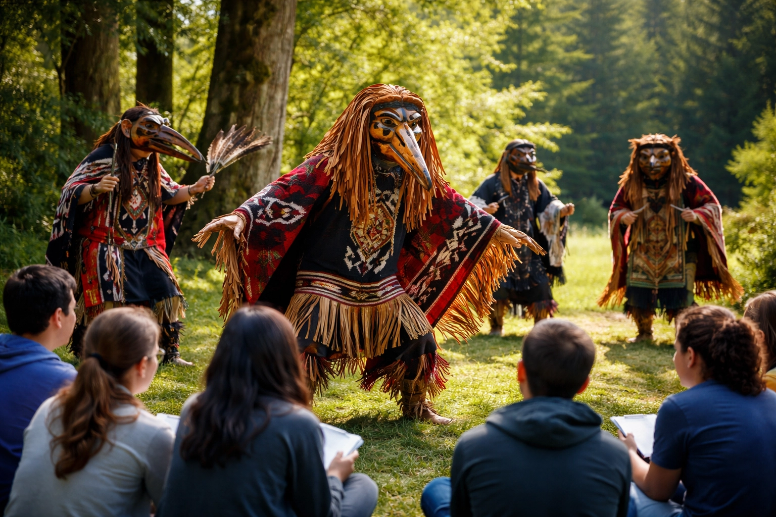 Students observing Coast Salish Native American dancers in traditional regalia during a cultural experience outdoors