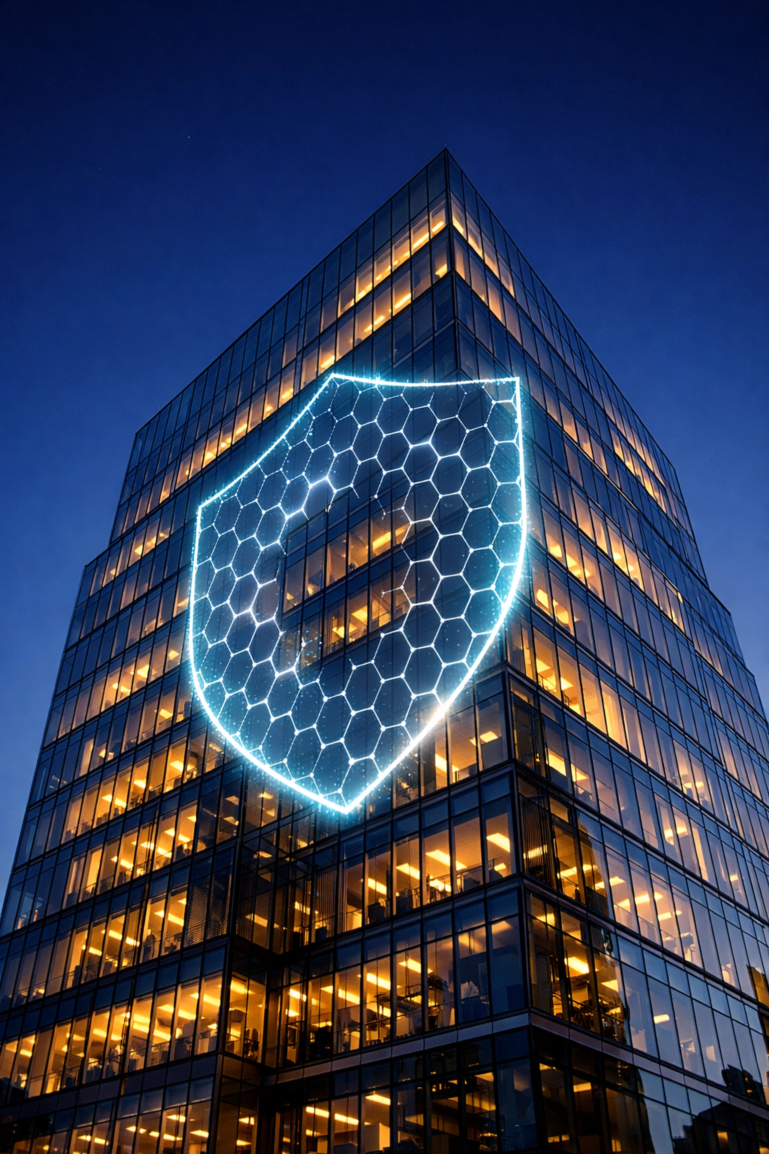 Modern corporate building protected by a digital shield representing robust cybersecurity for business.