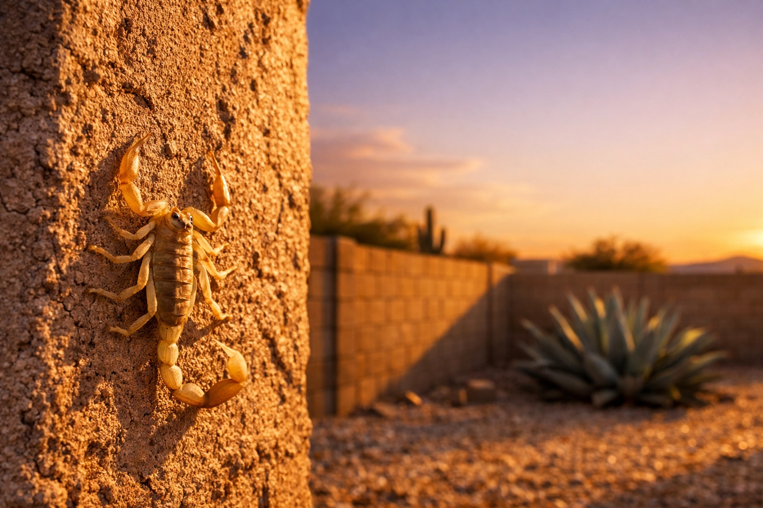 Arizona Bark Scorpion on a stucco wall in Peoria, highlighting the need for expert pest control.