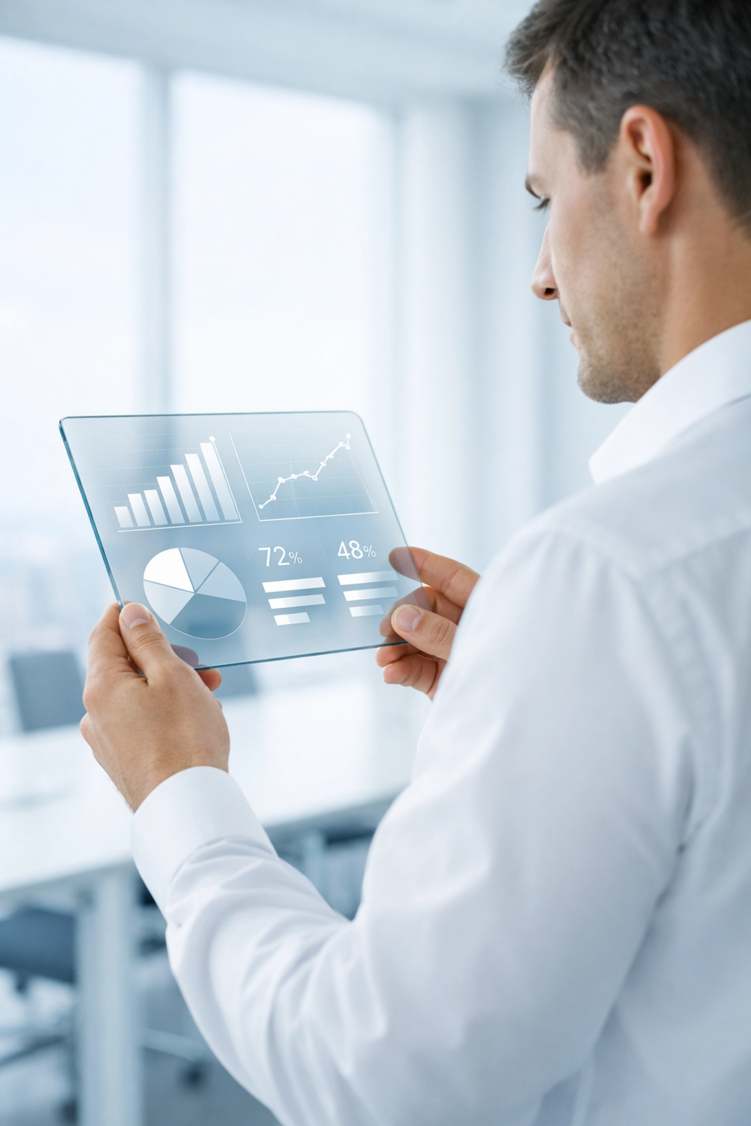 Professional reviewing data visualizations on a digital tablet to maintain human oversight in AI operations.