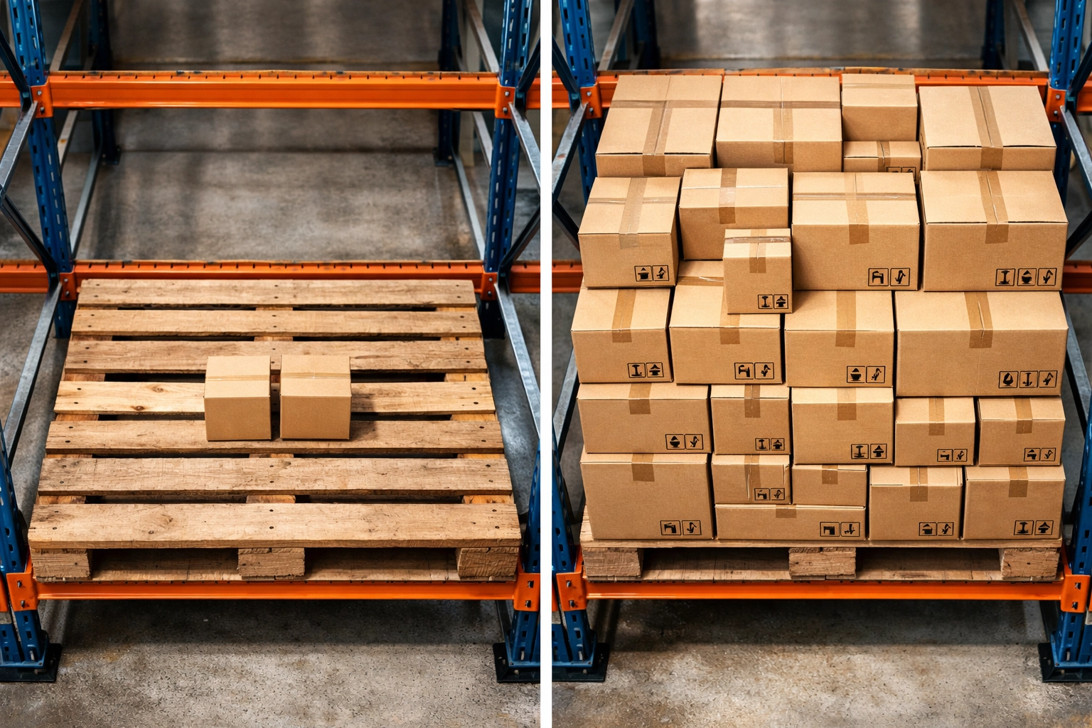 Split screen comparing wasted pallet ghost space to optimized cubic volume storage in 3rd party fulfillment services.