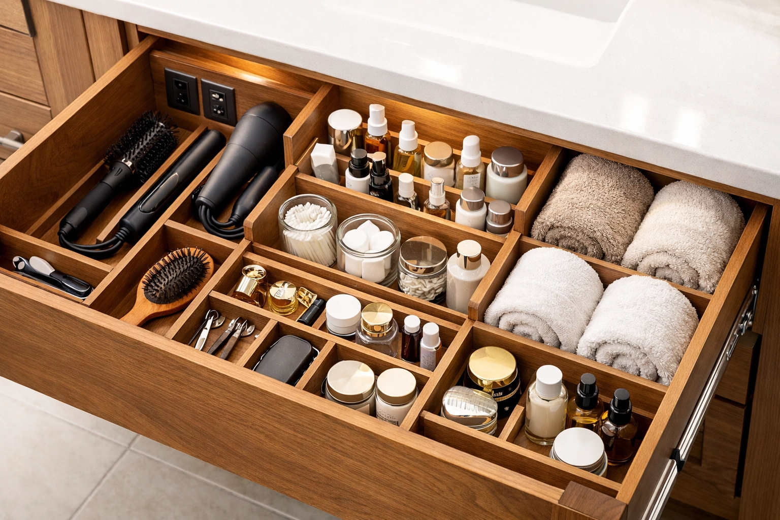 Organized custom bathroom vanity drawer with compartments for toiletries and storage solutions