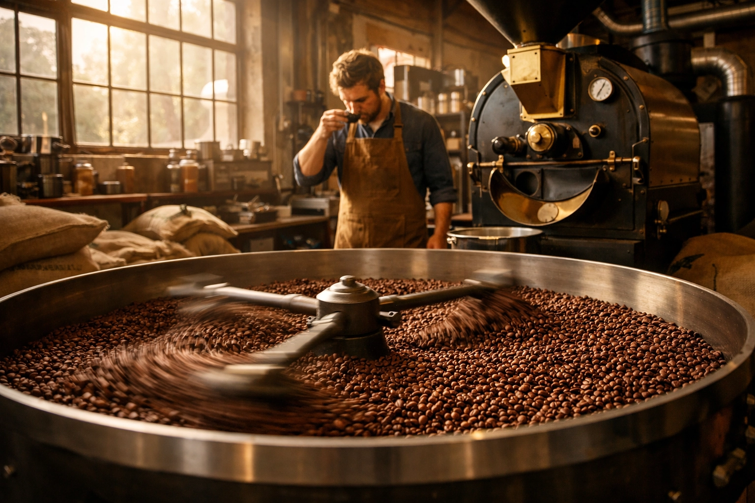 Freshly roasted coffee beans in a cooling tray at a professional roastery, illustrating quality wholesale coffee supply.