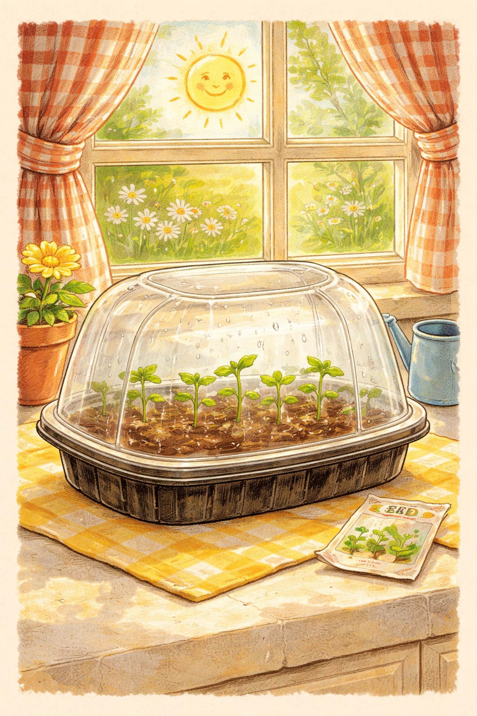 1950s-style illustration of a rotisserie chicken container mini greenhouse with seedlings on a sunny windowsill